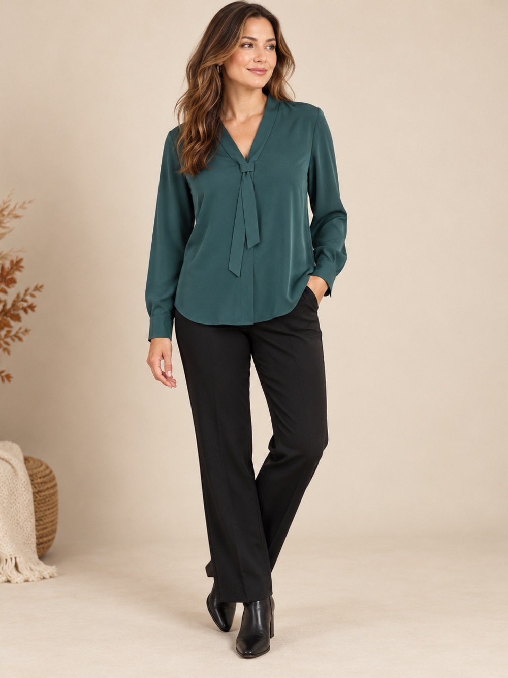SHEIN Green Tie-Neck Long Sleeve Blouse L